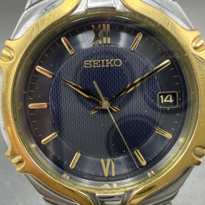 Seiko Watch Men 37mm Blue Dial Two Tone Date Round 7N42-6C10 New Battery A1931