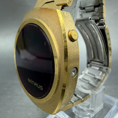 Benrus RED LED Watch Men 37mm Digital Gold Tone READ!!!! Round New Battery VTG3