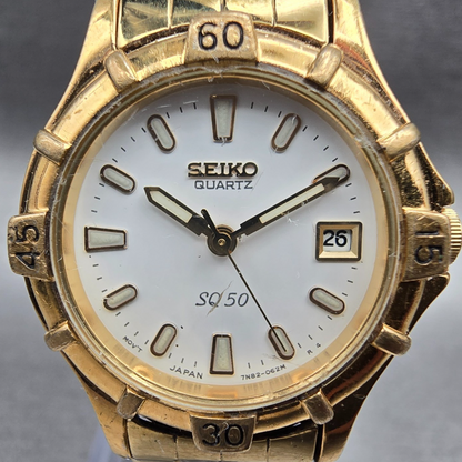 Seiko SQ Watch Women 25mm White Dial Gold Tone Date Round 7N82-0261 New Battery1