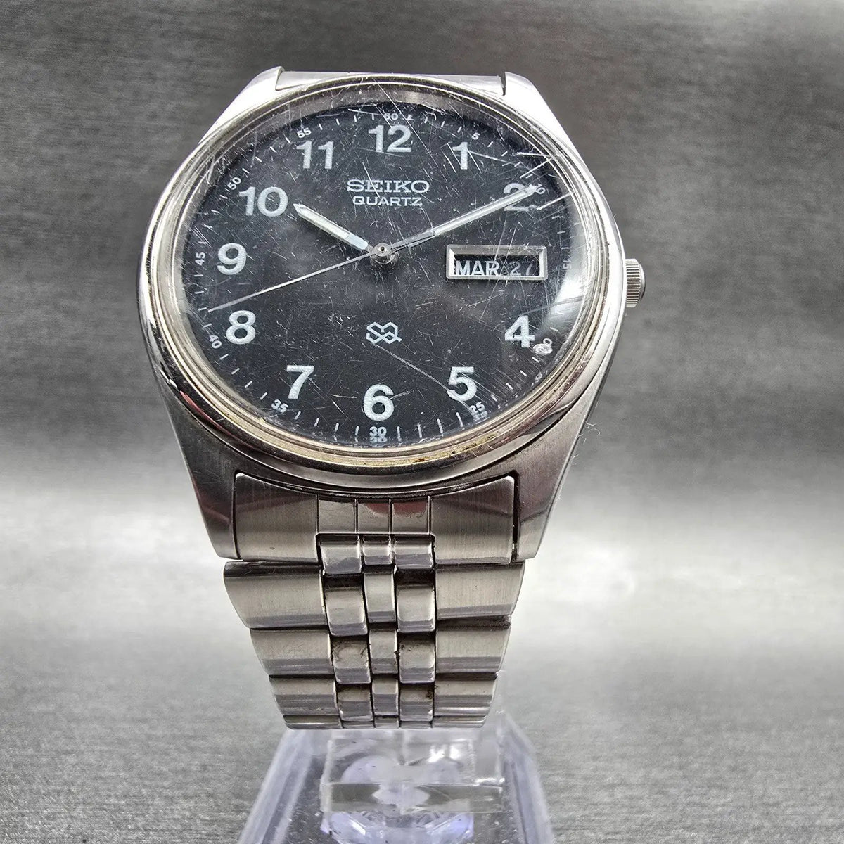 Seiko SQ Watch Men 35mm Black Dial Silver Tone Daydate Round 5Y23-8040 New Batt5