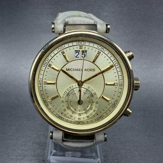 Michael kors Sawyer Watch Women 38mm Gold Dial Gold Tone Date Chrono New Batt0