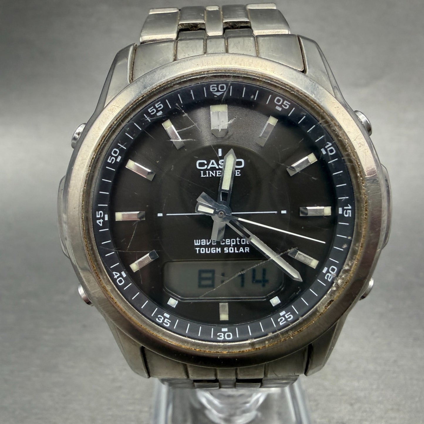 Casio Lineage Watch Men 41mm Gray Dial Titanium Ana Digi Alarm Chrono Works0