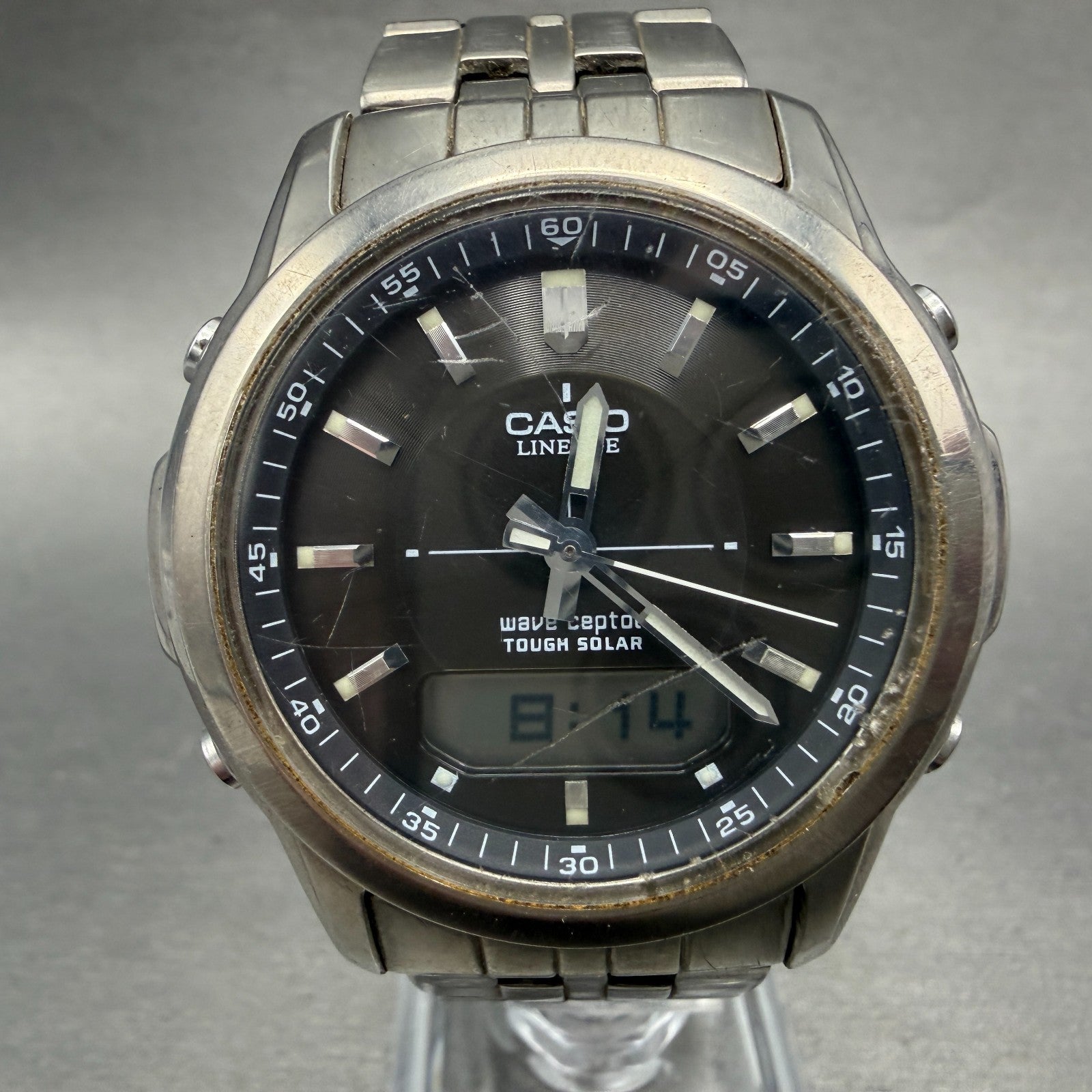 Casio Lineage Watch Men 41mm Gray Dial Titanium Ana Digi Alarm Chrono Works0