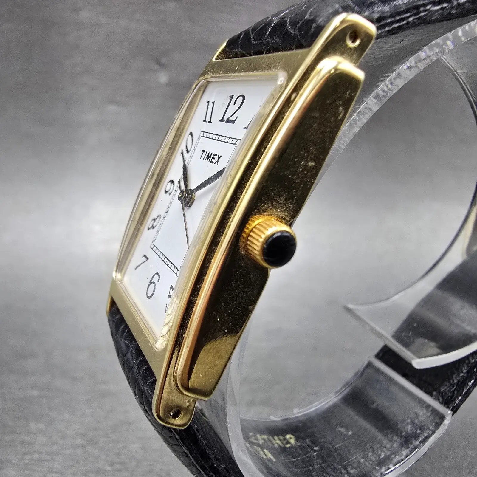 Timex Watch Men 23mm White Dial Gold Tone Rectangle New Battery VTG Leather Band2