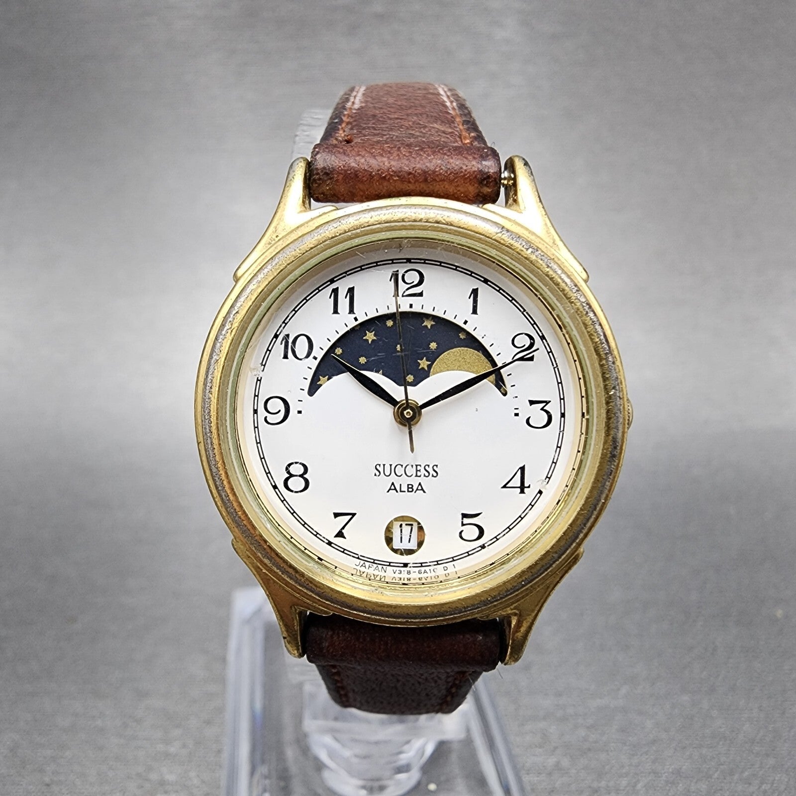 Seiko Alba Success Moon Phase Watch Women 27mm White Dial Gold Tone Date NewBat0