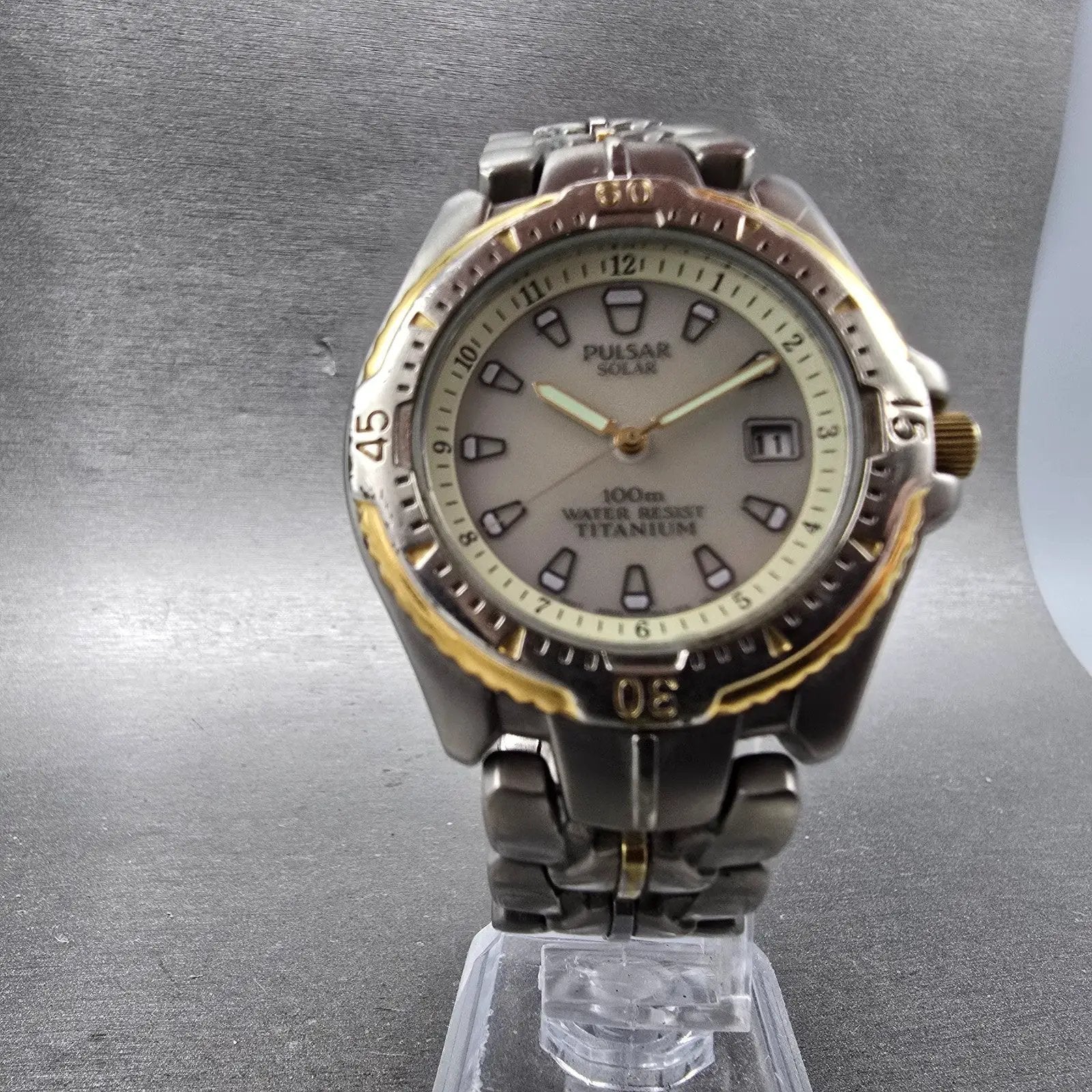 Seiko Pulsar Solar Dive Watch Men 38mm Gray Dial TwoTone Titanium V145-0C20 Runs5