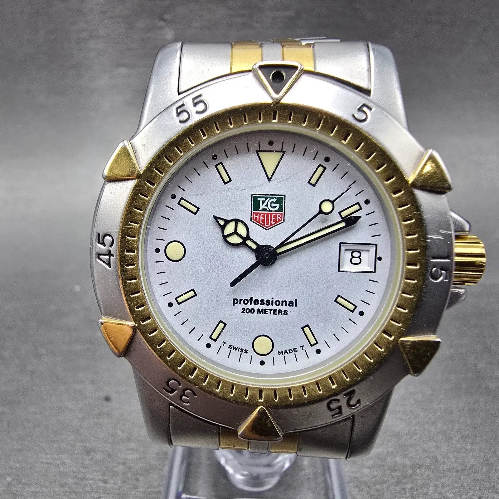 Tag Heuer Professional Dive Watch Men 37mm White Dial Two Tone Date New Battery0