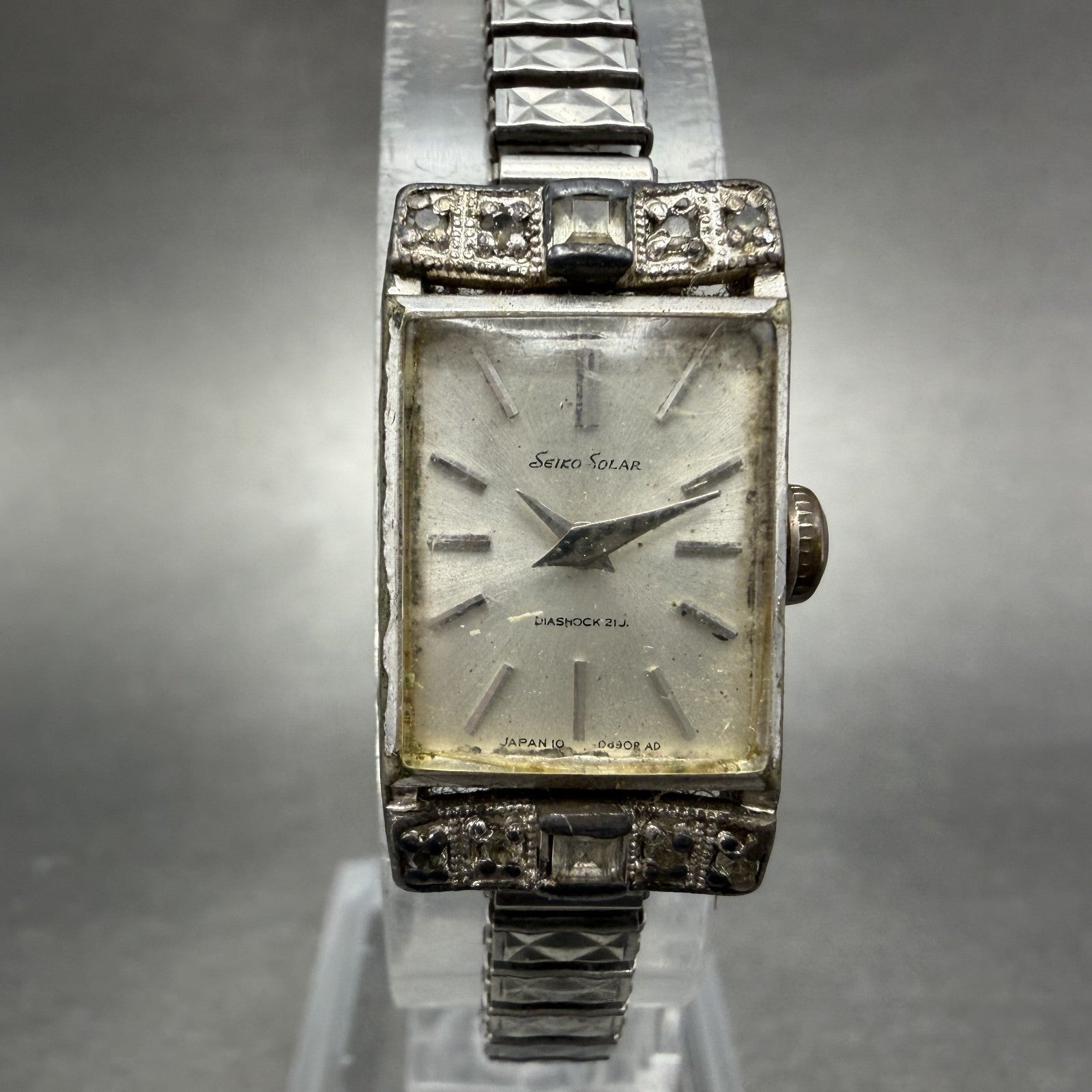 Seiko Solar Watch Women 15mm Silver Dial Silver Tone Manual Tank 10-3160 Runs0