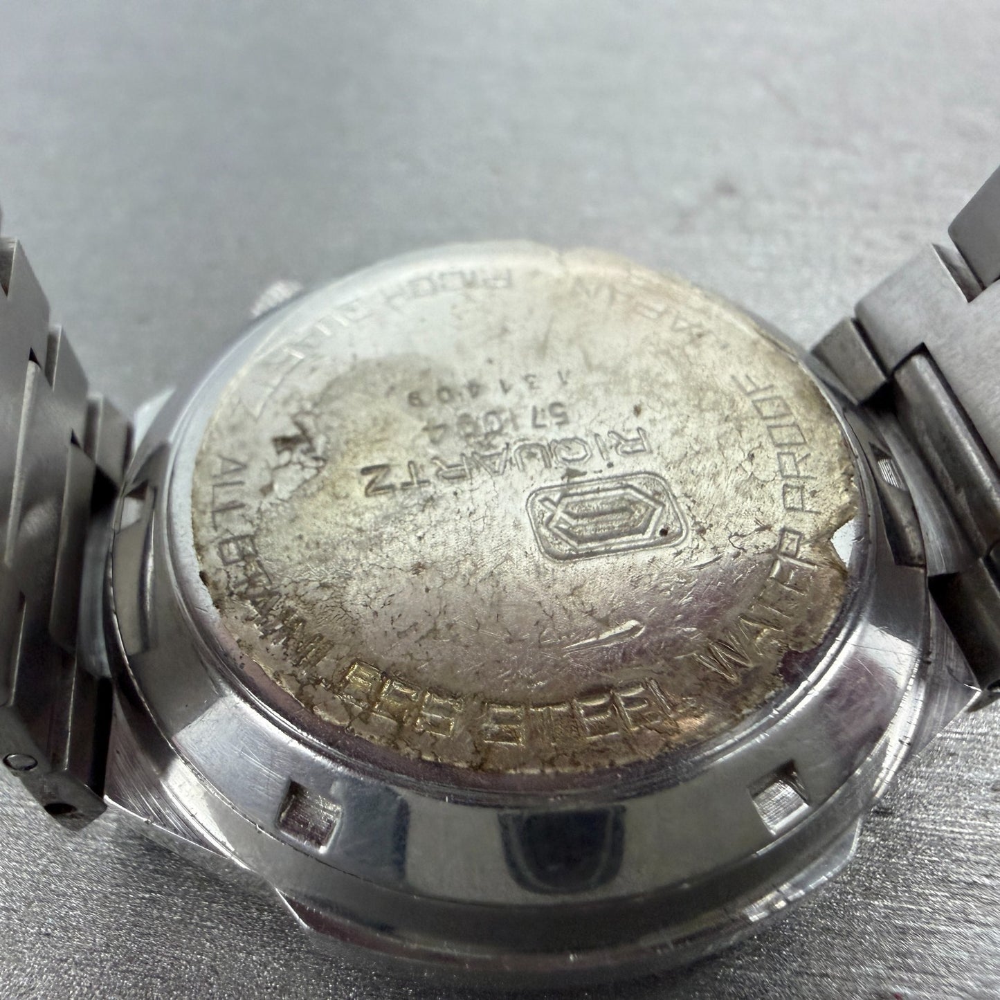 Rioch Watch Men 37mm Brown Dial Silver Tone Date Round 571004 PARTS Vintage10
