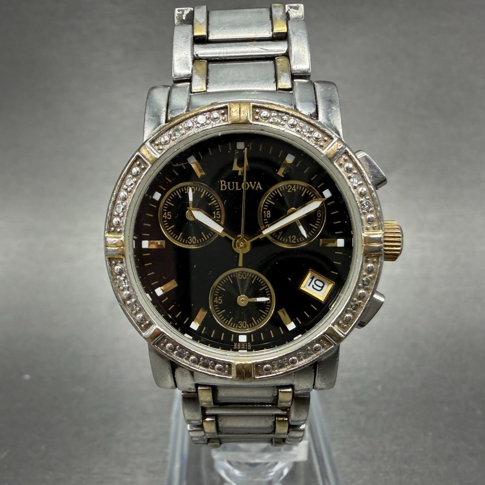 Bulova Chronograph Watch Women 30mm Black Dial Two Tone Date 98W15 New Battery0