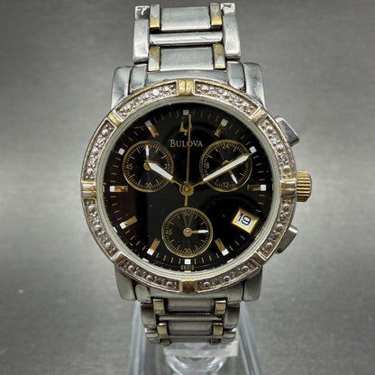 Bulova Chronograph Watch Women 30mm Black Dial Two Tone Date 98W15 New Battery0