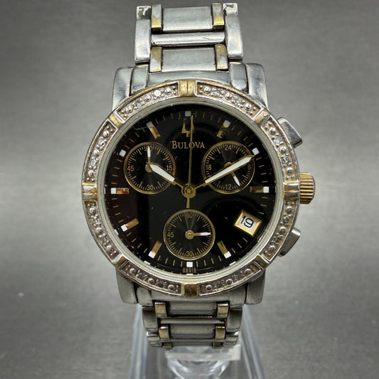Bulova Chronograph Watch Women 30mm Black Dial Two Tone Date 98W15 New Battery0