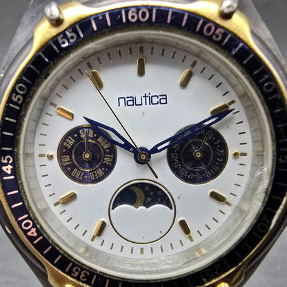 Nautica Watch Men 39mm White Dial Gray Daydate Sun & Moon Round New Battery1