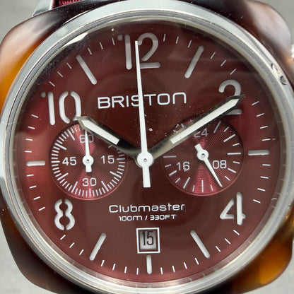 Briston Clubmaster Chronograph Watch Men 39mm Red Dial Brown Tone Date New Batt1