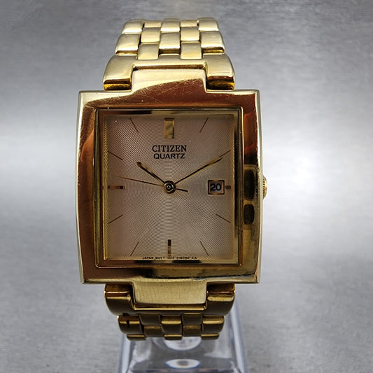 Citizen Tank Watch Men 27mm Champagne Dial Gold Tone Rectangle New Battery