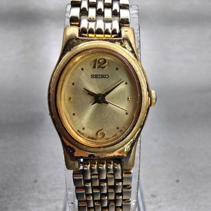 Seiko Watch Women 17mm Gold Dial Gold Tone Oval 1N01-5E60 New Battery Vintage0
