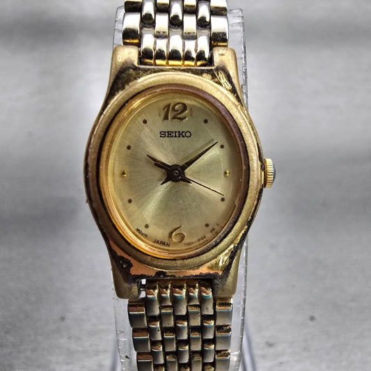 Seiko Watch Women 17mm Gold Dial Gold Tone Oval 1N01-5E60 New Battery Vintage0