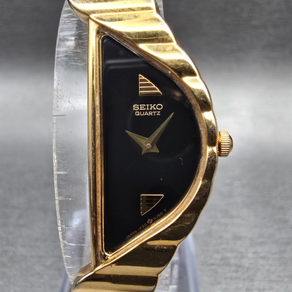 Seiko Half Moon Watch Women 15mm Black Dial Gold Asymmetrical 1F20-5D59 New Batt1