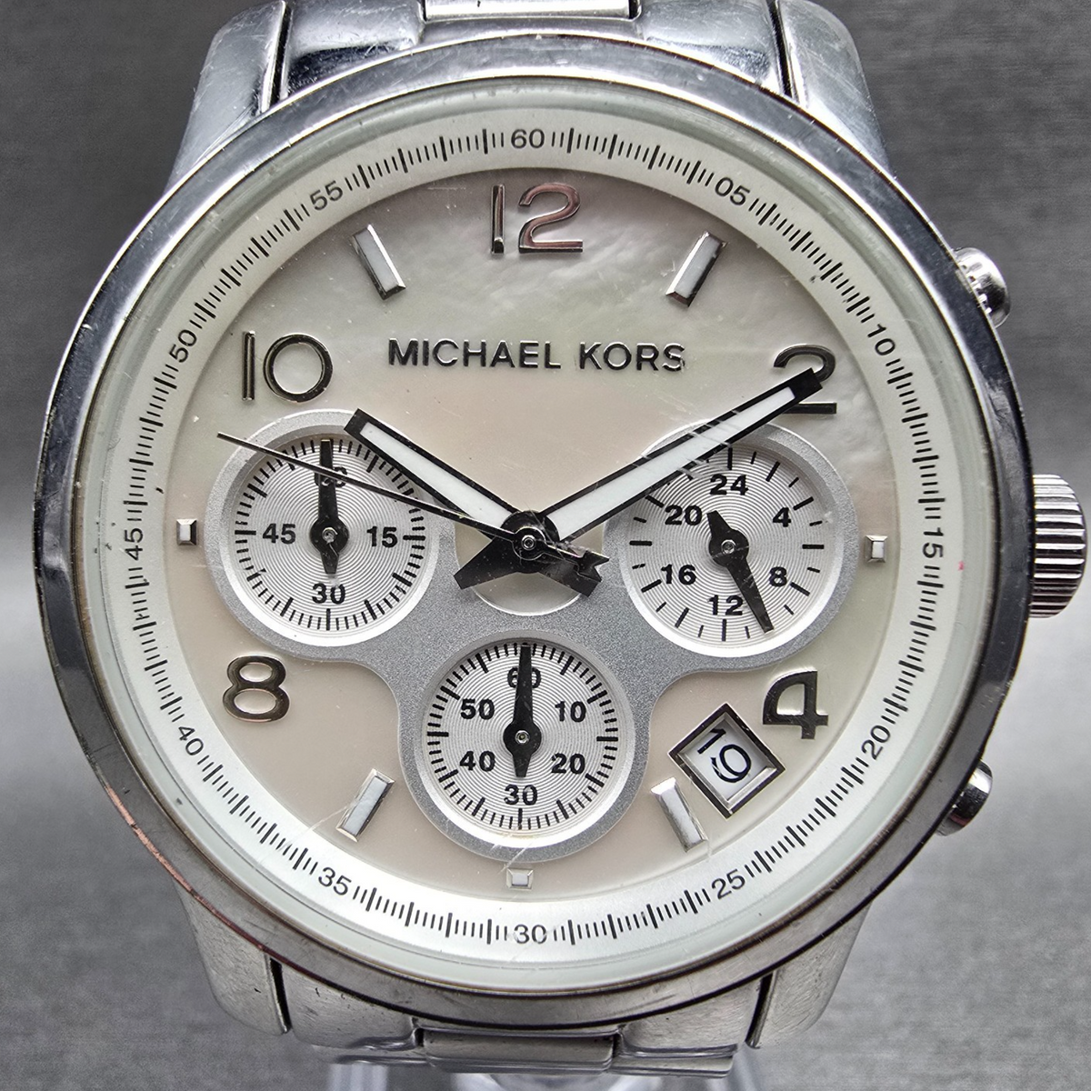 Michael Kors Runway Watch Women 38mm MOP Dial Chrono Date MK-5304 New Battery1