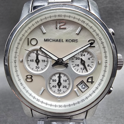 Michael Kors Runway Watch Women 38mm MOP Dial Chrono Date MK-5304 New Battery1