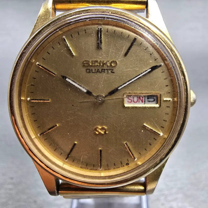 Seiko SQ Watch Men 35mm Gold Dial Gold Tone Daydate Round 5Y23-8029 New Battery1