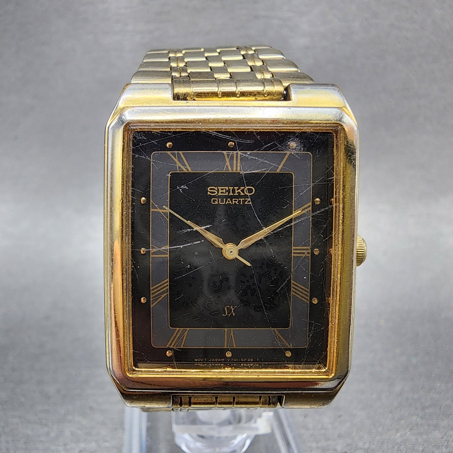Seiko SX Tank Watch Men 27mm Black Dial Gold Tone V701-5G20 New Battery0