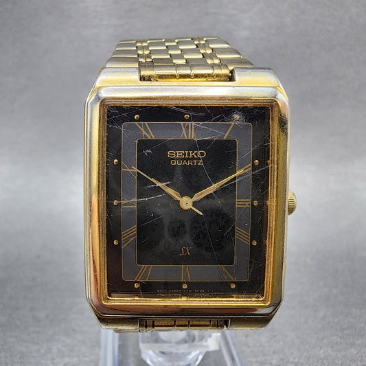 Seiko SX Tank Watch Men 27mm Black Dial Gold Tone V701-5G20 New Battery0