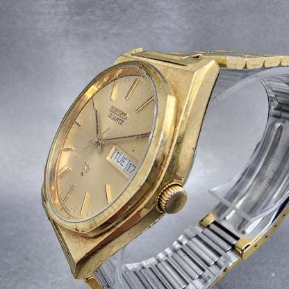 Seiko SQ Watch Men 36mm Gold Dial Gold Tone Daydate Round 7126-8009 New Battery