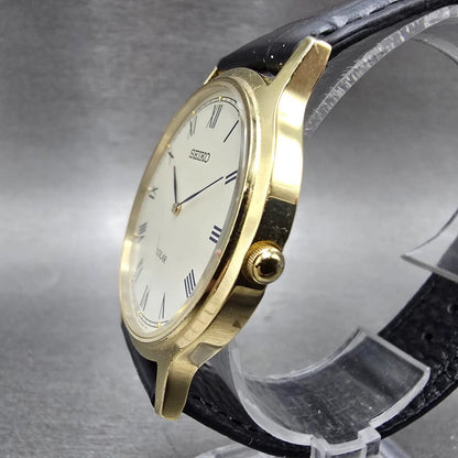Seiko Solar Watch Men 38mm Cream Dial Gold Tone V115-0BE0 Runs Roman Numerals2