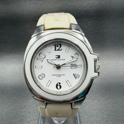 Tommy Hilfiger Watch Women 34mm White Dial Silver Tone Date Round New Battery0