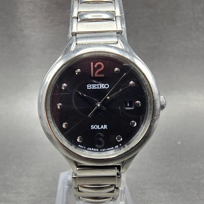 Seiko Solar Watch Women 28mm Black Dial Silver Tone Date Round V137-0BE0 Runs0