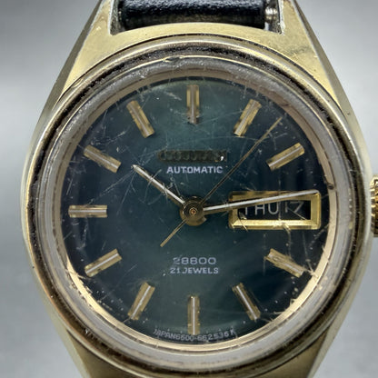 Citizen Watch Women 25mm Green Dial Gold Tone Daydate Round 4-661117 Runs1