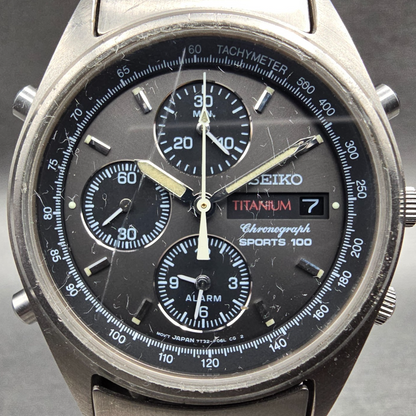 Seiko Sports 100 Chronograph Watch Men 37mm Gray Dial Titanium READ!!! New Batt1