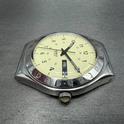 Swatch irony Pergamena Watch Men 37mm Cream Dial Steel Daydate YGS708 New Batt5