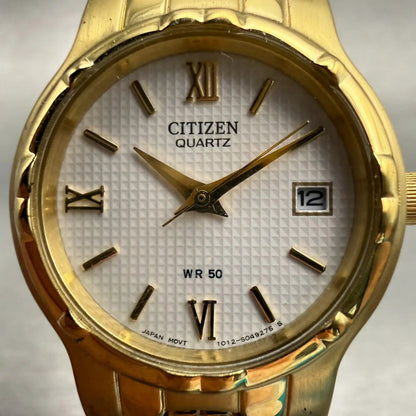 Citizen Watch Women 25mm White Dial Gold Tone Date Round 1012-S029279 New Batt1