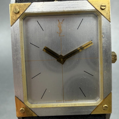 Yves Saint Laurent Tank Watch Men 23mm Silver Dial Two Tone Rectangle New Batt1