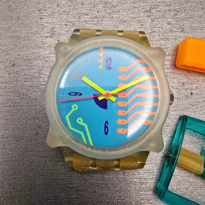 Swatch Hacker's Reward Watch Men 34mm Blue Dial Clear Case GK122 New Battery0