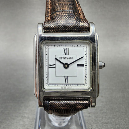 Tiffany & Co Tank Watch Women 23mm White Dial Steel Leather Band New Battery0
