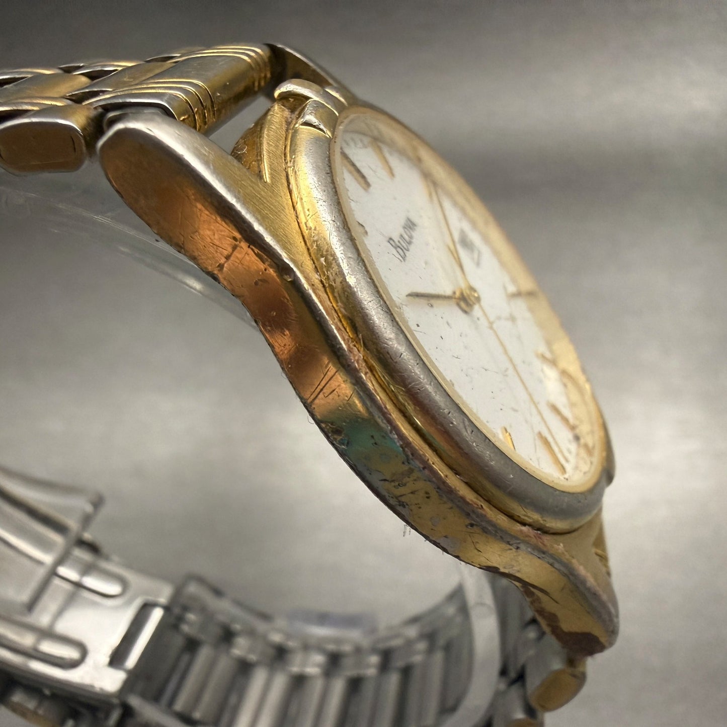Bulova Watch Men 35mm White Dial Gold Tone Date Round Vintage New Batttery3