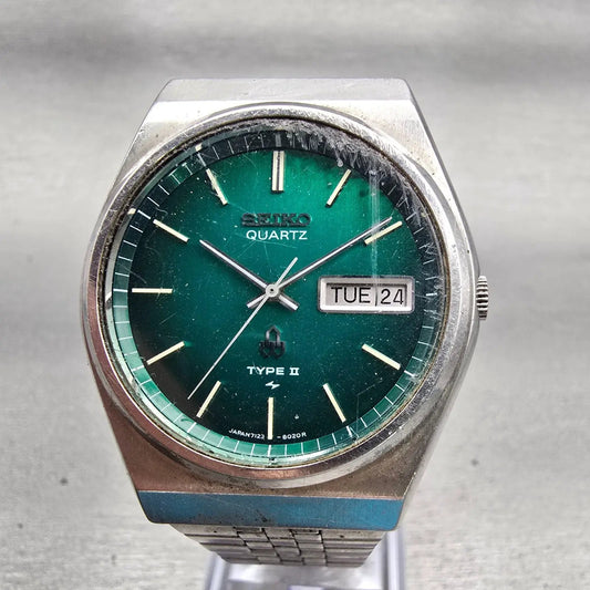 Seiko Type II Watch Men 35mm Green Dial Silver Tone Daydate 7123-8010 New Batt0