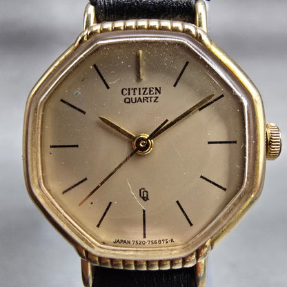 Citizen CQ Watch Women 22mm Champagne Dial Gold Tone Octagon 4-753917 New Batt1
