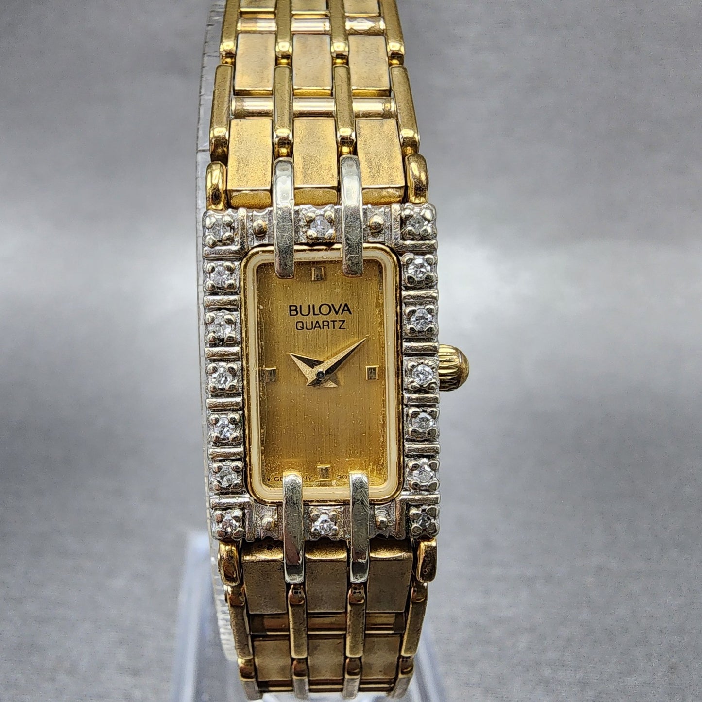 Bulova Tank Watch Women 14mm Gold Dial Gold Tone Diamond Bezel 90F26 New Battery0