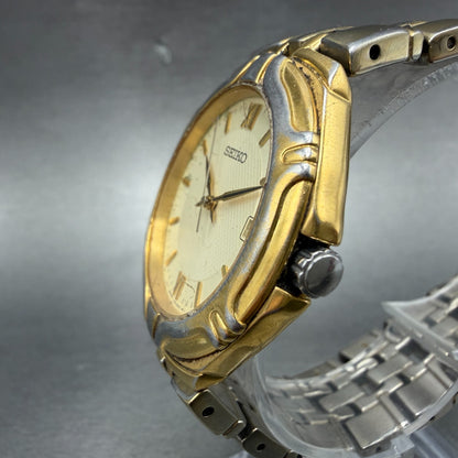 Seiko Watch Men 37mm White Dial Gold Date Round Vintage 7N42-0BD0 PARTS3