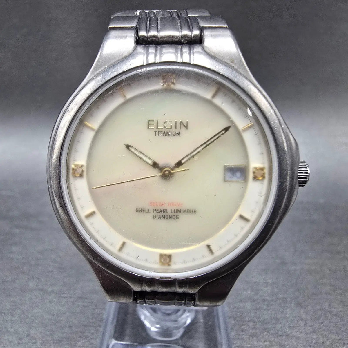 Elgin Solar Watch Men 35mm MOP Dial Titanium Date Round FK-1066 Runs READ!!!!0