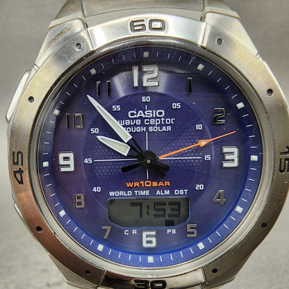 Casio Wave Ceptor Solar Watch Men 42mm Blue Dial Analog Digital Steel Runs1