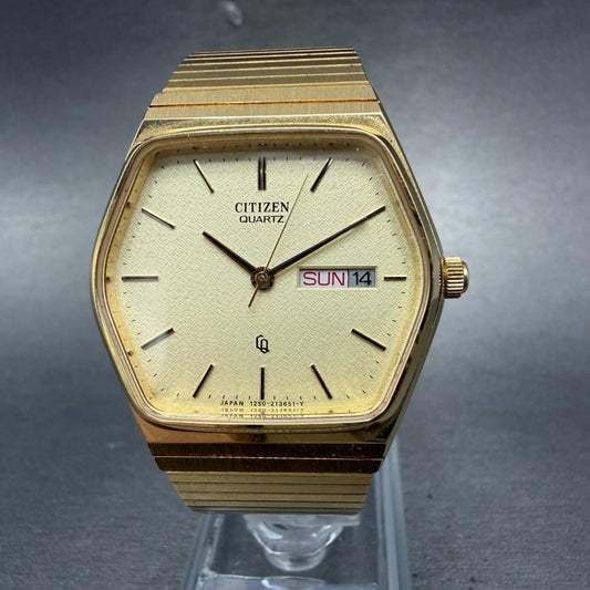 Citizen CQ Watch Men 34mm Cream Dial Gold Tone Daydate Hexagon New Battery NOS0