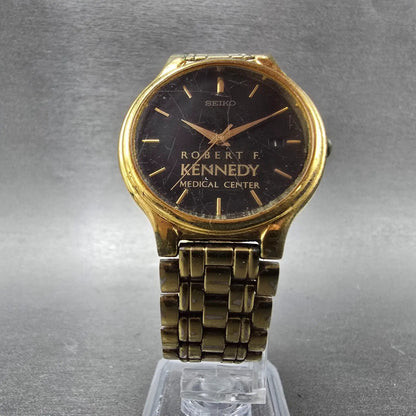Seiko Watch Men 33mm Black Dial Gold Tone Date Round V722-7051 PARTS Vintage6