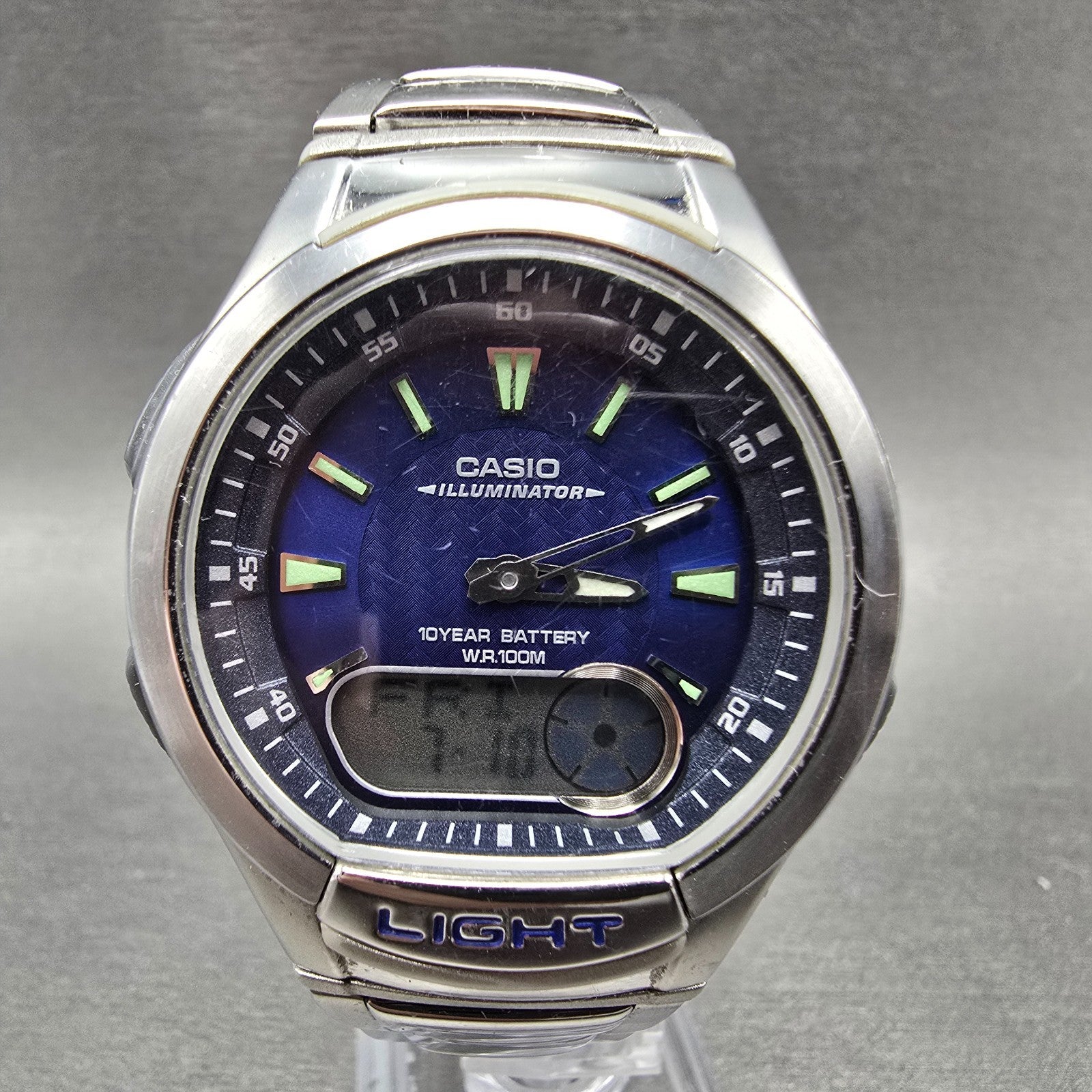 Casio Illuminoator AQ-180W Watch Men 41mm Blue Dial Silver Alarm Daydate New Bat0