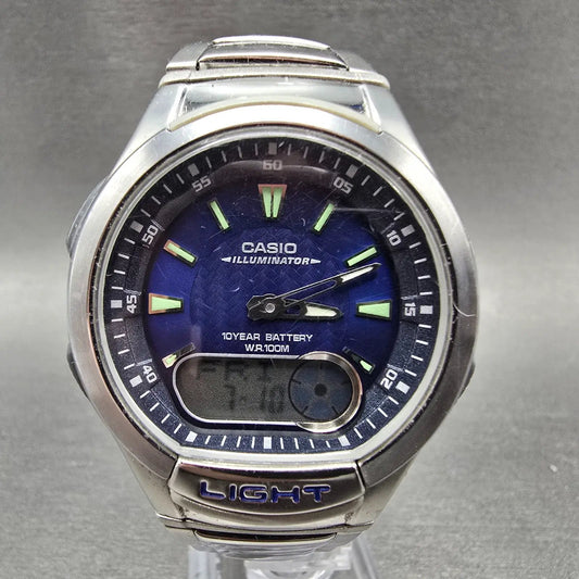 Casio Illuminoator AQ-180W Watch Men 41mm Blue Dial Silver Alarm Daydate New Bat0