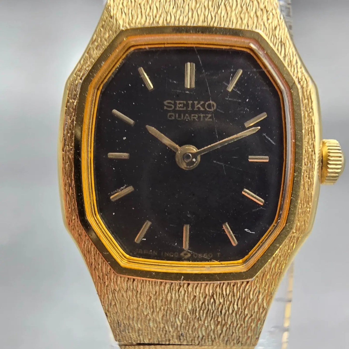 Seiko Watch Women 17mm Black Dial Gold Tone Octagon 1N00-5B29 New Battery VTG1